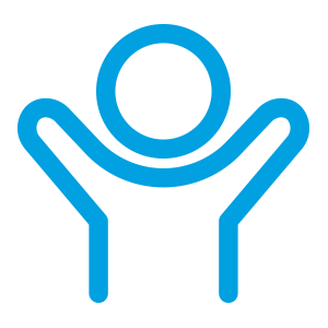 blue outlined icon of a person with outstretched arms