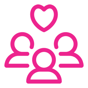 pink outlined icon of three people with a heart floating above