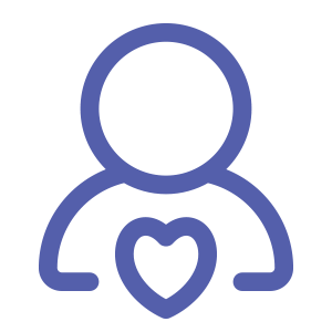 purple outlined icon of a person with a heart in their chest